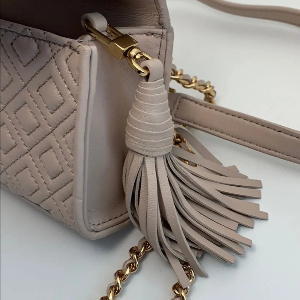 Tory Burch Leather Quilted Flap Micro Crossbody with Gold Chain and Tassel